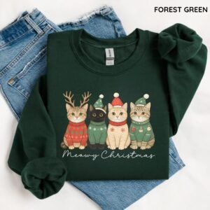 Meowy Christmas Sweatshirt, Cute Gildan Cat Sweatshirt