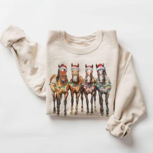 Retro Santa Hat Horses Christmas Sweatshirt - 90s Christmas Lights Equestrian Horse Lover