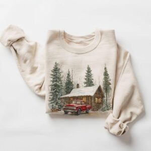 Retro Christmas Red Pickup Truck Winter Cabin Sweatshirt - 90s Mountain Pine Trees Snowy Day Cotton Pullover