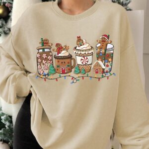 Women's Christmas Gingerbread Print Drop Shoulder Sweatshirt Casual Long Sleeve Round Neck Pullover
