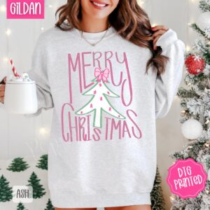 Preppy Merry Christmas Sweatshirt, Trendy Women's Holiday Crewneck