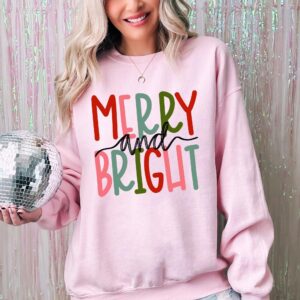 Merry And Bright, Colorful Christmas, Winter, Santa, Xmas Sweatshirt Crewneck