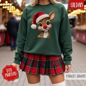 Faux Crochet Rudolph Sweatshirt, Trendy Women's Christmas Crewneck