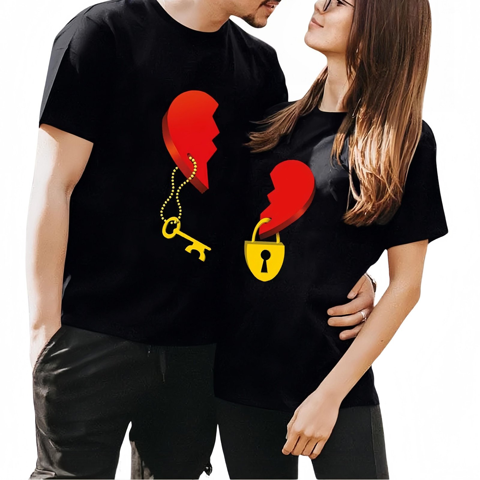 Lock & Key Couple T-shirt Set - Matching Heart Graphic Tees
