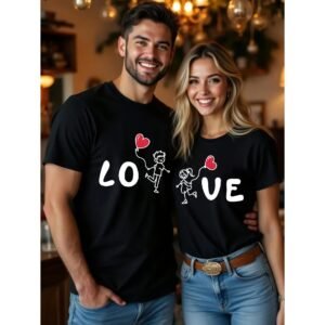 Casual Short-Sleeve T-Shirt with a Love-Themed Cartoon Character Design for Couples on Valentine'S Day.