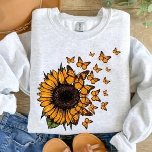 Sunflower and Flying Butterflies Sweatshirt – Cute Sunflower Sweater for Women, Valentine Gift Pullover