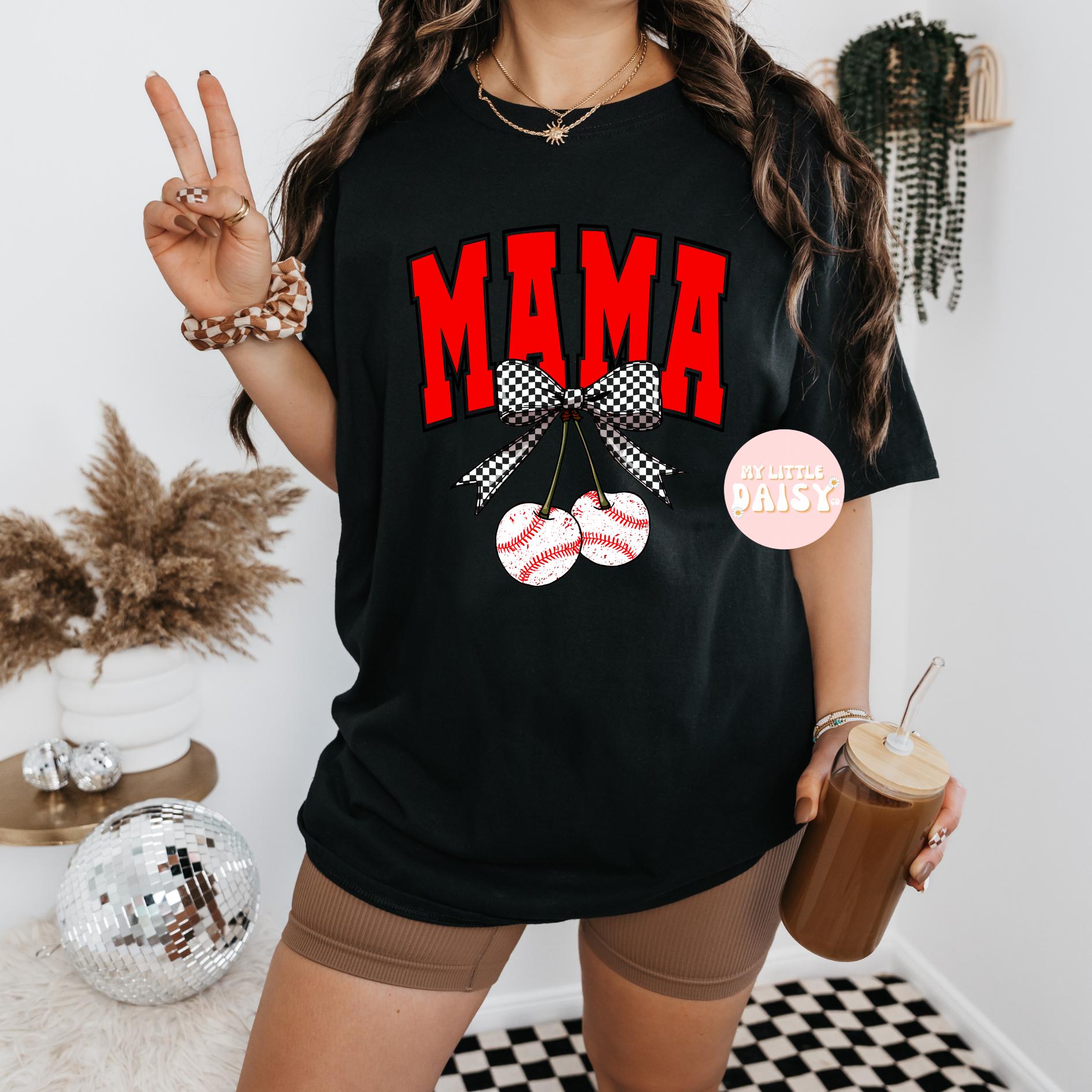 Mama baseball cherries and checkered bow shirt