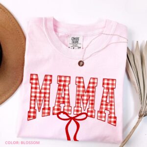 Blossom Pink Mama Shirt, Gingham Bow Tee, Coquette Style Mom Graphic T-Shirt