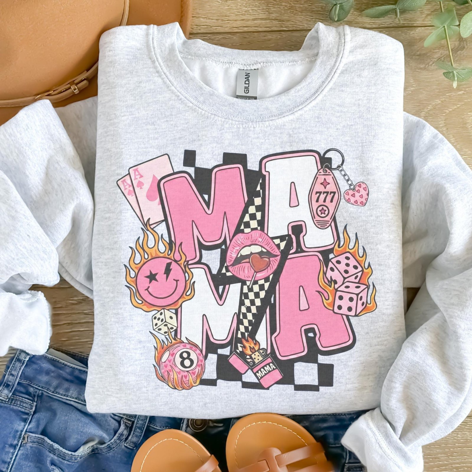 Mama Smiley Flames Sweatshirt in Ash Grey